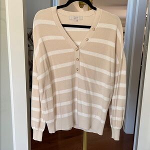 LOFT Beige and White V-Neck Sweater
